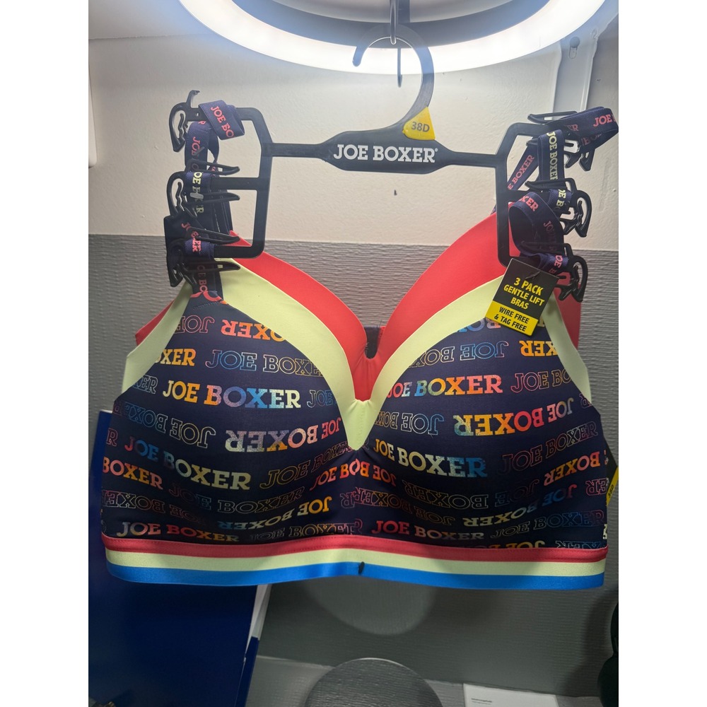 Joe Boxer 3 Pack Gentle Lift Bras Wire Free Tag Free 38D Navy Coral Yellow